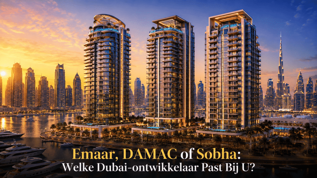Luxe woontorens van Emaar, DAMAC en Sobha aan Dubai Marina tijdens zonsondergang voor een vergelijking van de beste Dubai-ontwikkelaars.