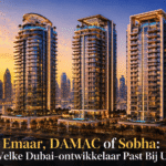 Luxe woontorens van Emaar, DAMAC en Sobha aan Dubai Marina tijdens zonsondergang voor een vergelijking van de beste Dubai-ontwikkelaars.