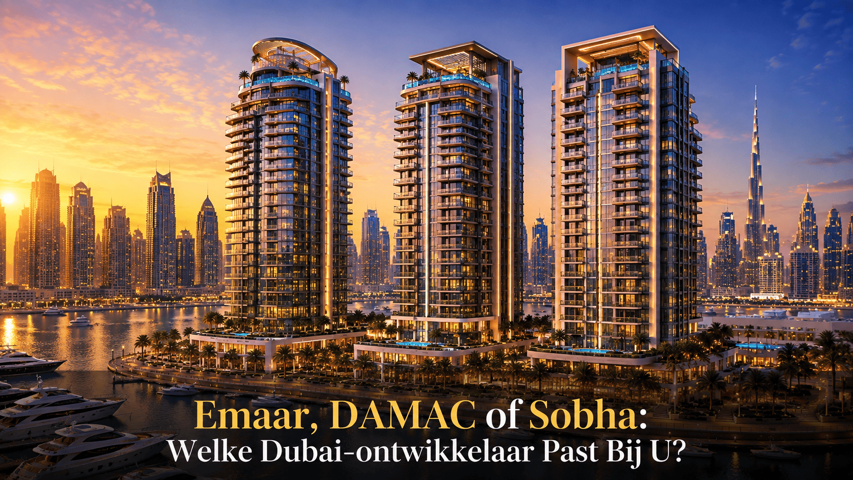 Luxe woontorens van Emaar, DAMAC en Sobha aan Dubai Marina tijdens zonsondergang voor een vergelijking van de beste Dubai-ontwikkelaars.